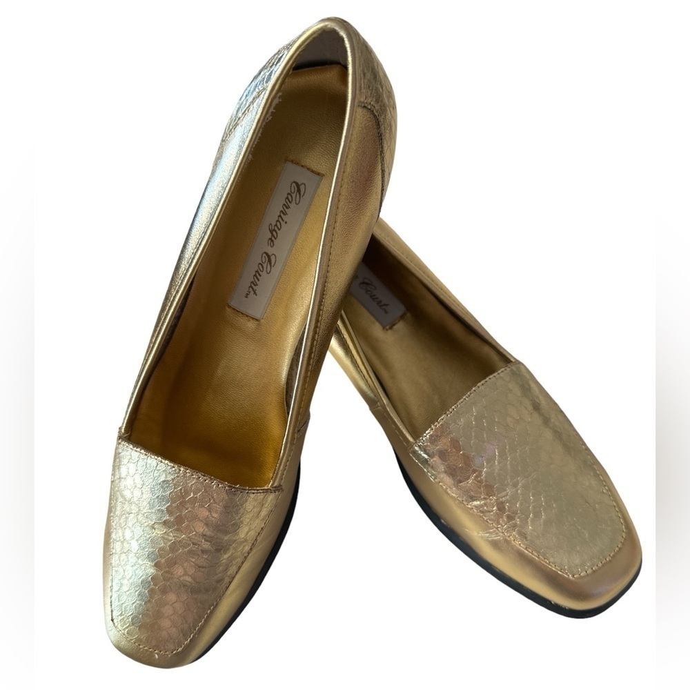 Carriage Court Gold Snake Skin Embossed Square Toe 1” Heel Loafer Flat Shoe